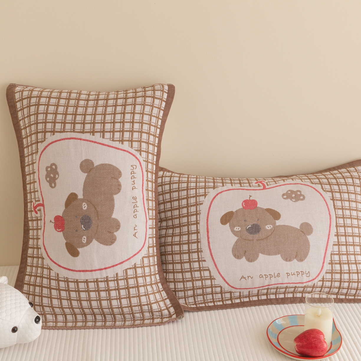 91家纺网 家纺一手货源 找家纺 乐家毛巾被（工厂自产自销） 2026新款四层色织全棉提花纱布软萌枕巾 樱桃小狗