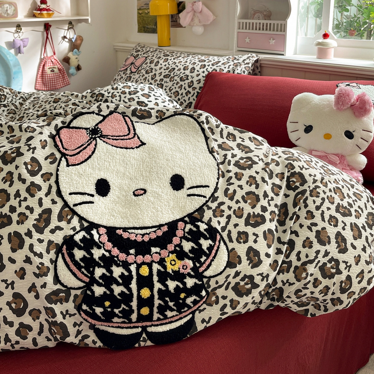 91家纺网 家纺一手货源 找家纺 花伞家居 2026新款皱皱纱毛巾绣豹纹喵四件套含买家秀 小香猫-卡其豹纹