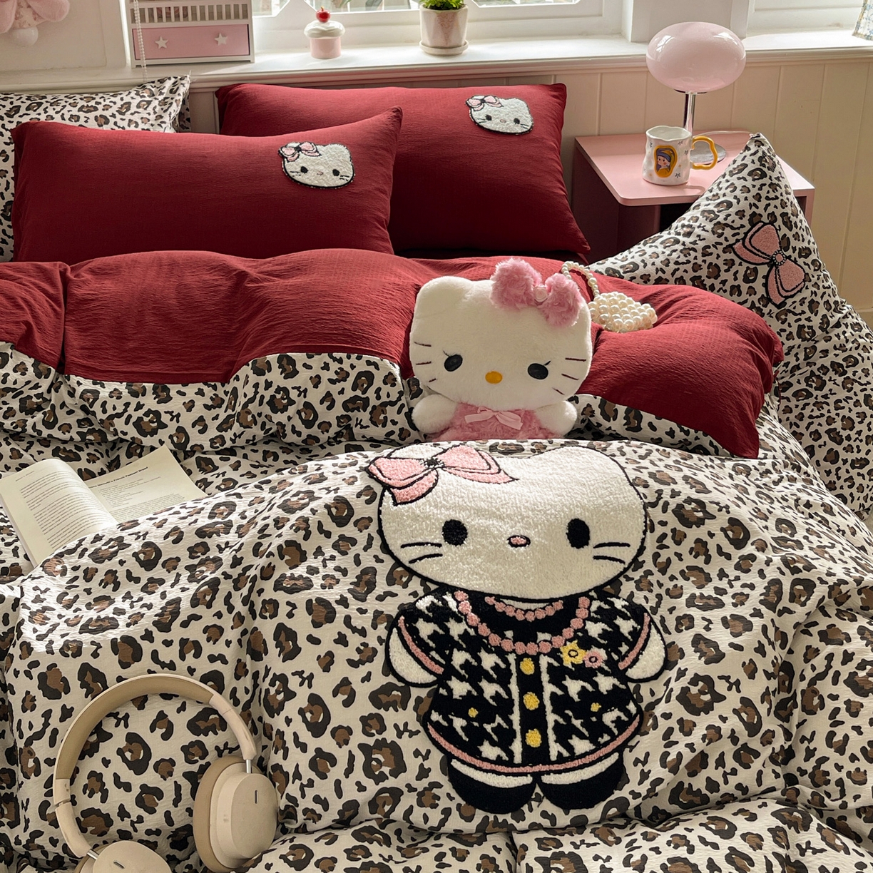 91家纺网 家纺一手货源 找家纺 花伞家居 2026新款皱皱纱毛巾绣豹纹喵四件套含买家秀 小香猫-卡其豹纹