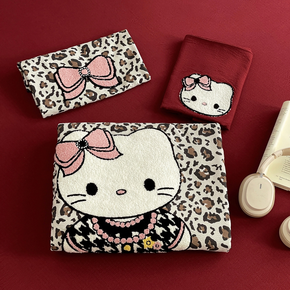 91家纺网 家纺一手货源 找家纺 花伞家居 2026新款皱皱纱毛巾绣豹纹喵四件套含买家秀 小香猫-卡其豹纹