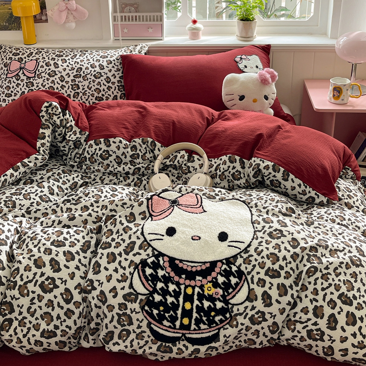 91家纺网 家纺一手货源 找家纺 花伞家居 2026新款皱皱纱毛巾绣豹纹喵四件套含买家秀 小香猫-卡其豹纹