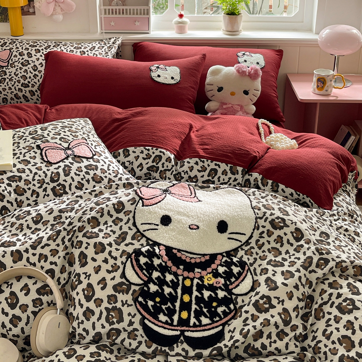 91家纺网 家纺一手货源 找家纺 花伞家居 2026新款皱皱纱毛巾绣豹纹喵四件套含买家秀 小香猫-卡其豹纹