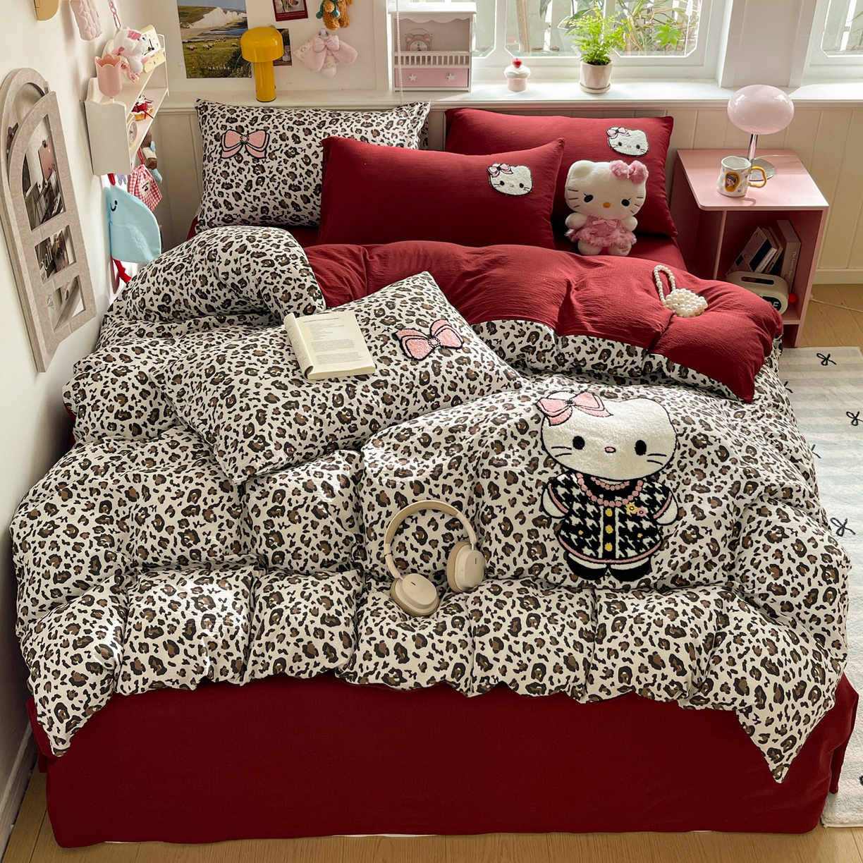 91家纺网 家纺一手货源 找家纺 花伞家居 2026新款皱皱纱毛巾绣豹纹喵四件套含买家秀 小香猫-卡其豹纹