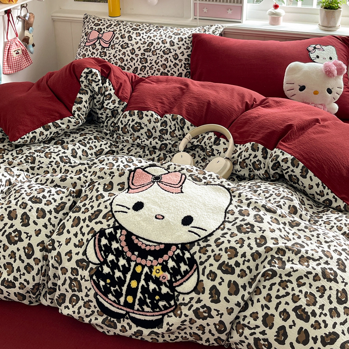 花伞家居 2026新款皱皱纱毛巾绣豹纹喵四件套含买家秀 小香猫-卡其豹纹