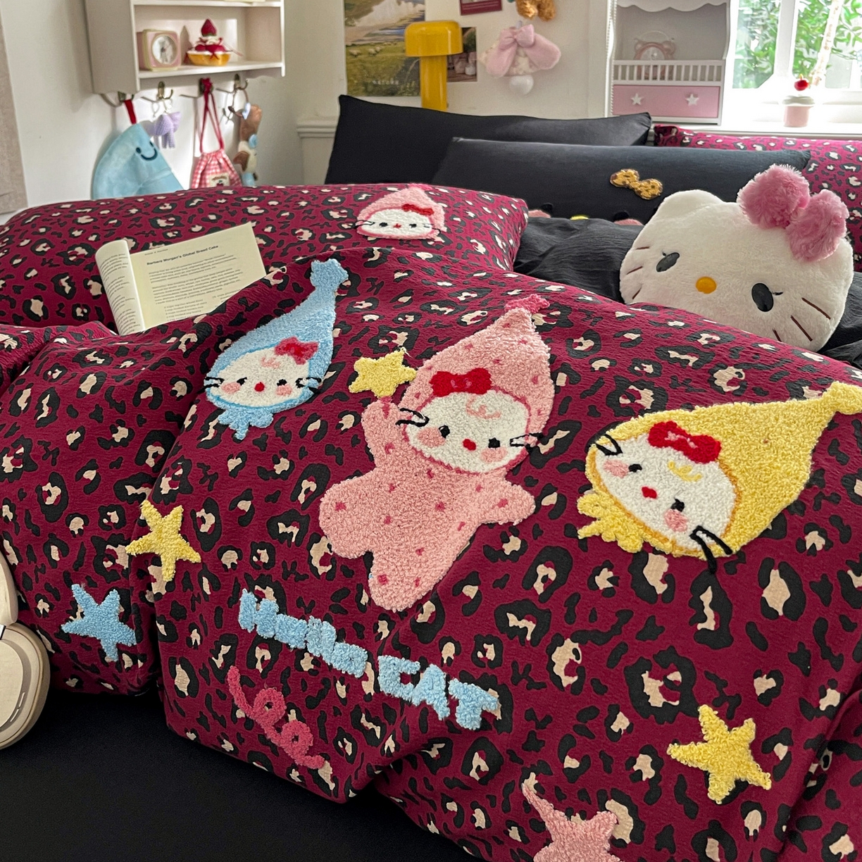 91家纺网 家纺一手货源 找家纺 花伞家居 2026新款皱皱纱毛巾绣豹纹喵四件套含买家秀 星星猫-热情豹纹