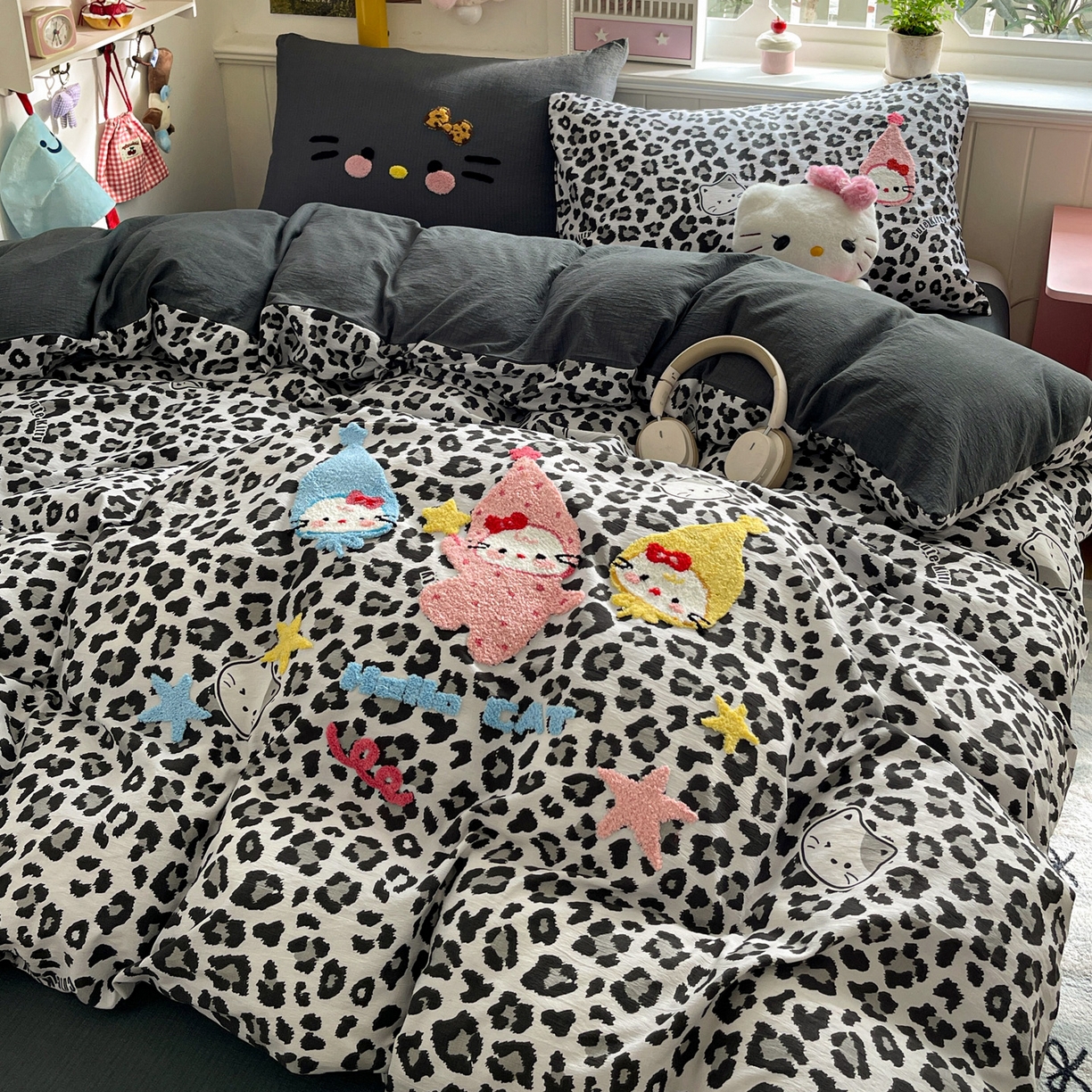花伞家居 2026新款皱皱纱毛巾绣豹纹喵四件套含买家秀 星星猫-灰豹纹