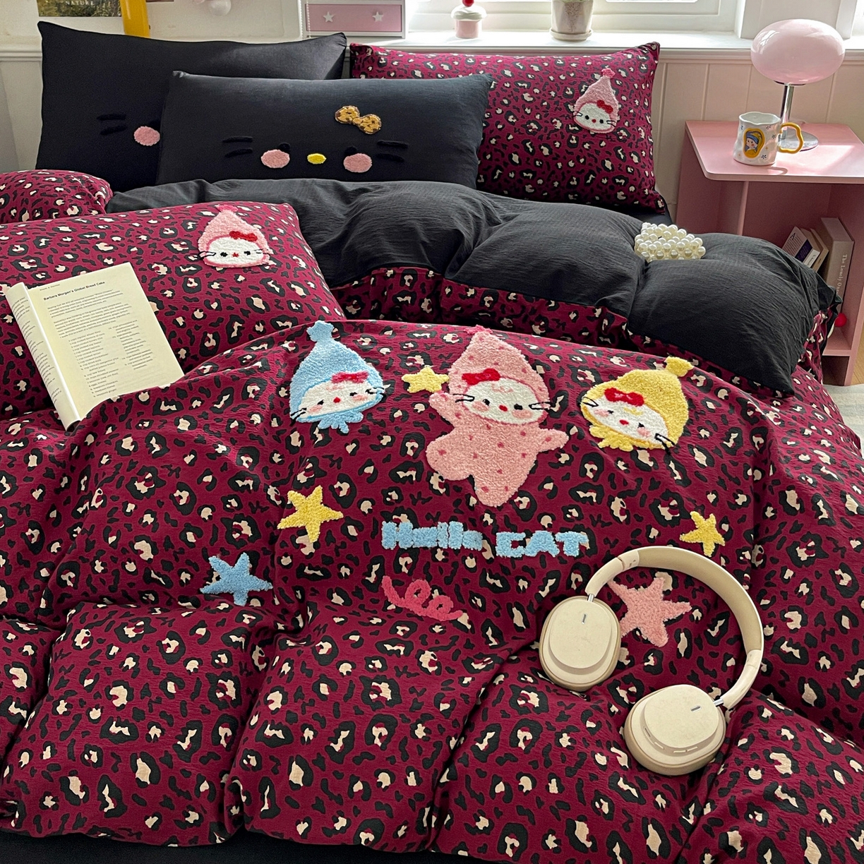 91家纺网 家纺一手货源 找家纺 花伞家居 2026新款皱皱纱毛巾绣豹纹喵四件套含买家秀 星星猫-热情豹纹