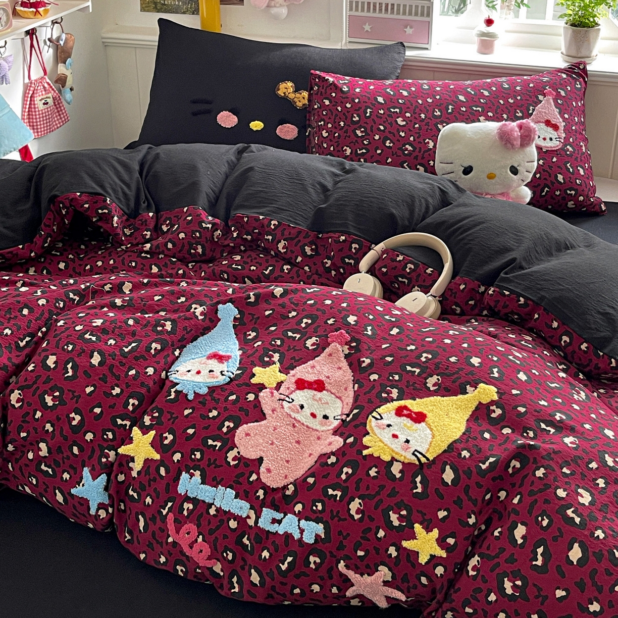 91家纺网 家纺一手货源 找家纺 花伞家居 2026新款皱皱纱毛巾绣豹纹喵四件套含买家秀 星星猫-热情豹纹