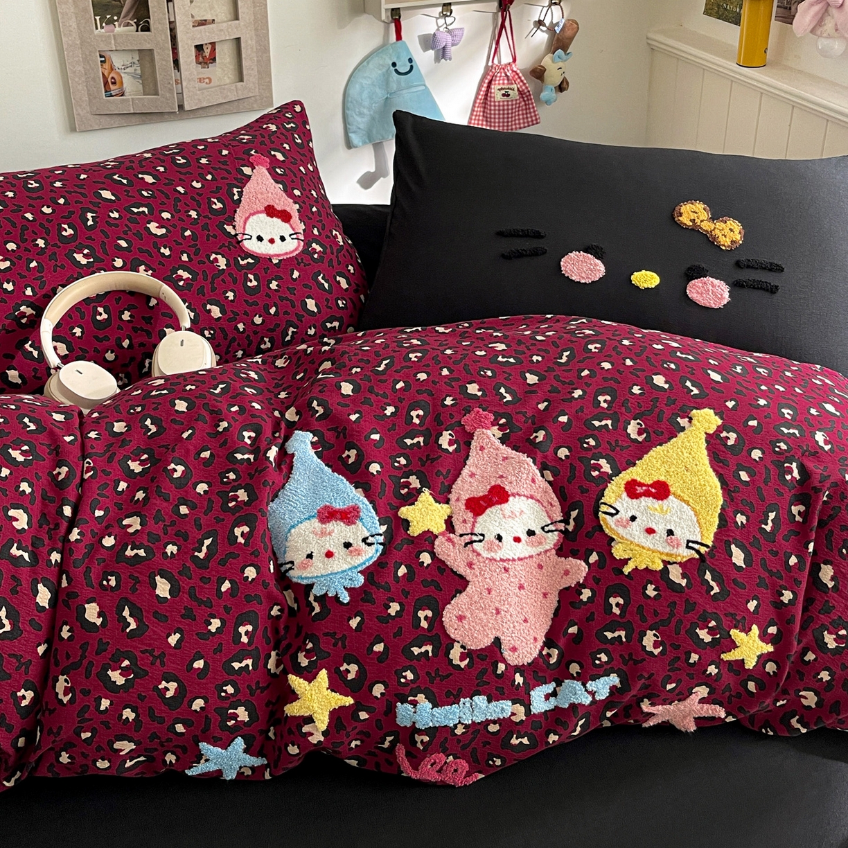 91家纺网 家纺一手货源 找家纺 花伞家居 2026新款皱皱纱毛巾绣豹纹喵四件套含买家秀 星星猫-热情豹纹