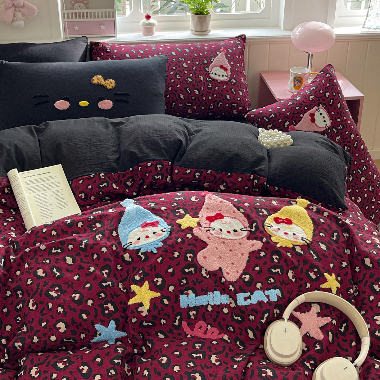 91家纺网 家纺一手货源 找家纺 花伞家居 2026新款皱皱纱毛巾绣豹纹喵四件套含买家秀 星星猫-热情豹纹