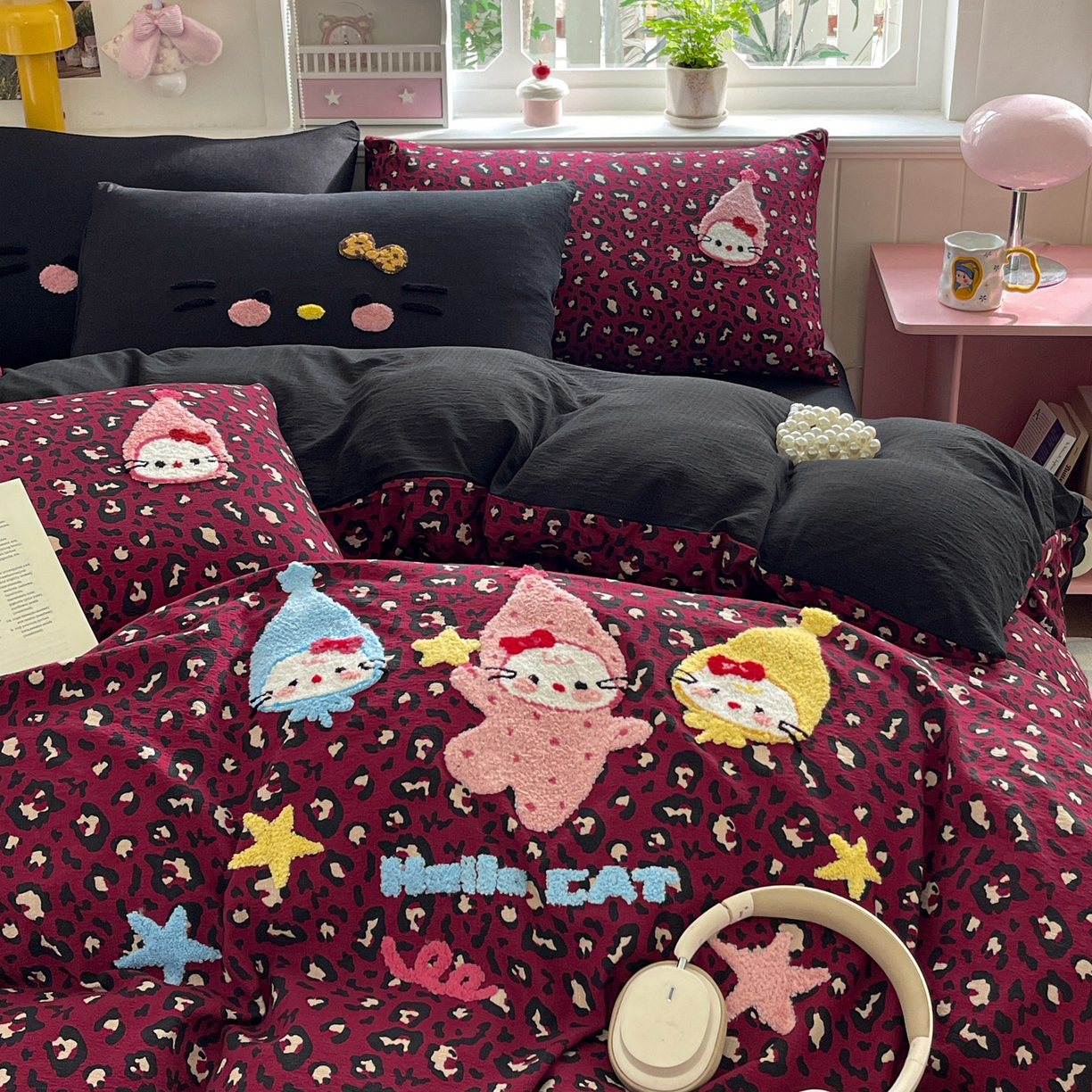 91家纺网 家纺一手货源 找家纺 花伞家居 2026新款皱皱纱毛巾绣豹纹喵四件套含买家秀 星星猫-热情豹纹