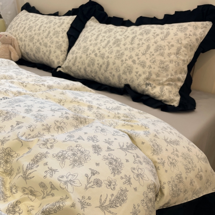 91家纺网 家纺一手货源 找家纺 （总）小丸子家纺（不发货） 2025秋冬新款复古小清新花边款40支全棉纯棉轻法式13372小清新喷气印花四件套被套床单床笠三件套