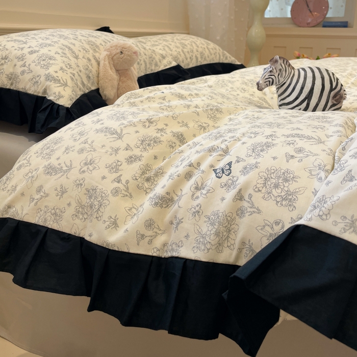 91家纺网 家纺一手货源 找家纺 （总）小丸子家纺（不发货） 2025秋冬新款复古小清新花边款40支全棉纯棉轻法式13372小清新喷气印花四件套被套床单床笠三件套