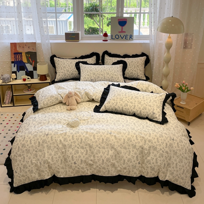 91家纺网 家纺一手货源 找家纺 小丸子家纺（不发货） 2025秋冬新款复古小清新花边款40支全棉纯棉轻法式13372小清新喷气印花四件套被套床单床笠三件套 椿庭序