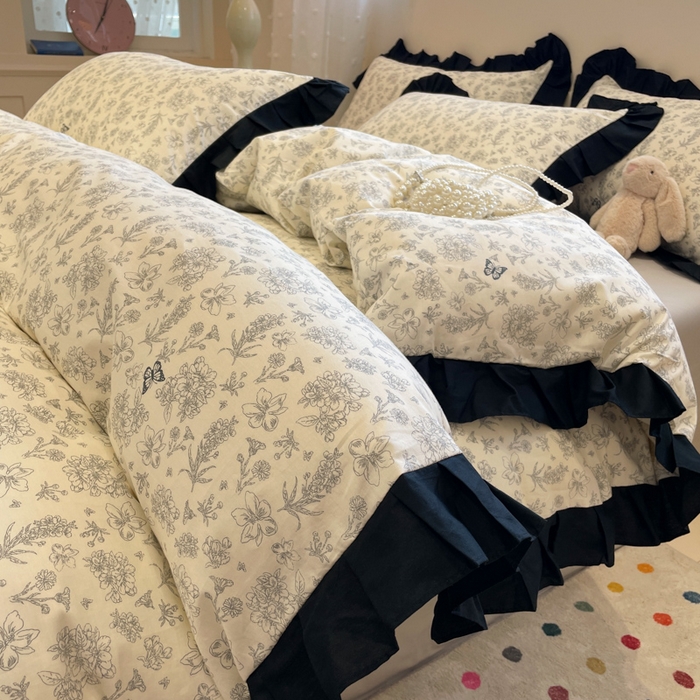 91家纺网 家纺一手货源 找家纺 小丸子家纺（不发货） 2025秋冬新款复古小清新花边款40支全棉纯棉轻法式13372小清新喷气印花四件套被套床单床笠三件套 椿庭序