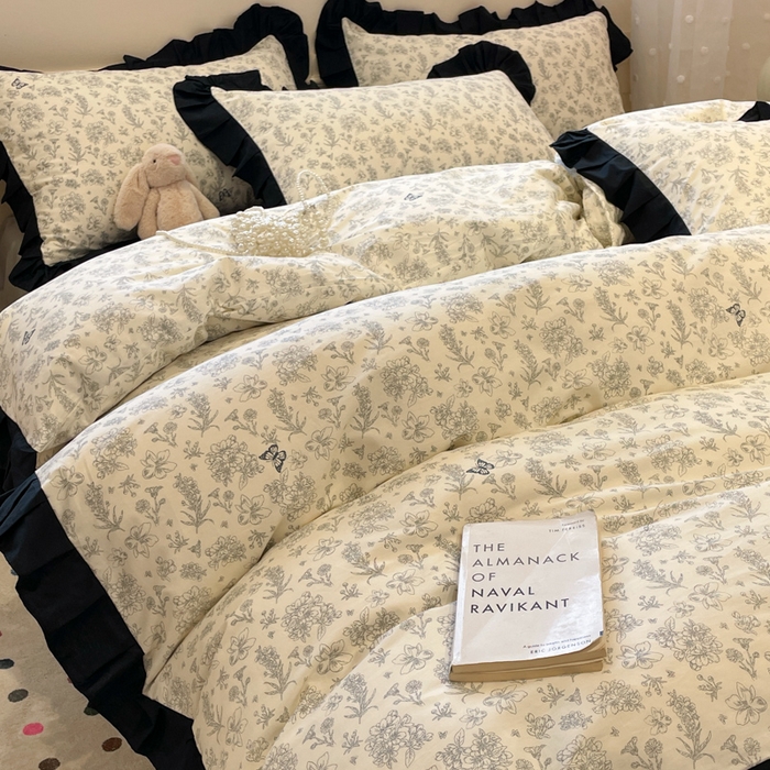 91家纺网 家纺一手货源 找家纺 小丸子家纺（不发货） 2025秋冬新款复古小清新花边款40支全棉纯棉轻法式13372小清新喷气印花四件套被套床单床笠三件套 椿庭序