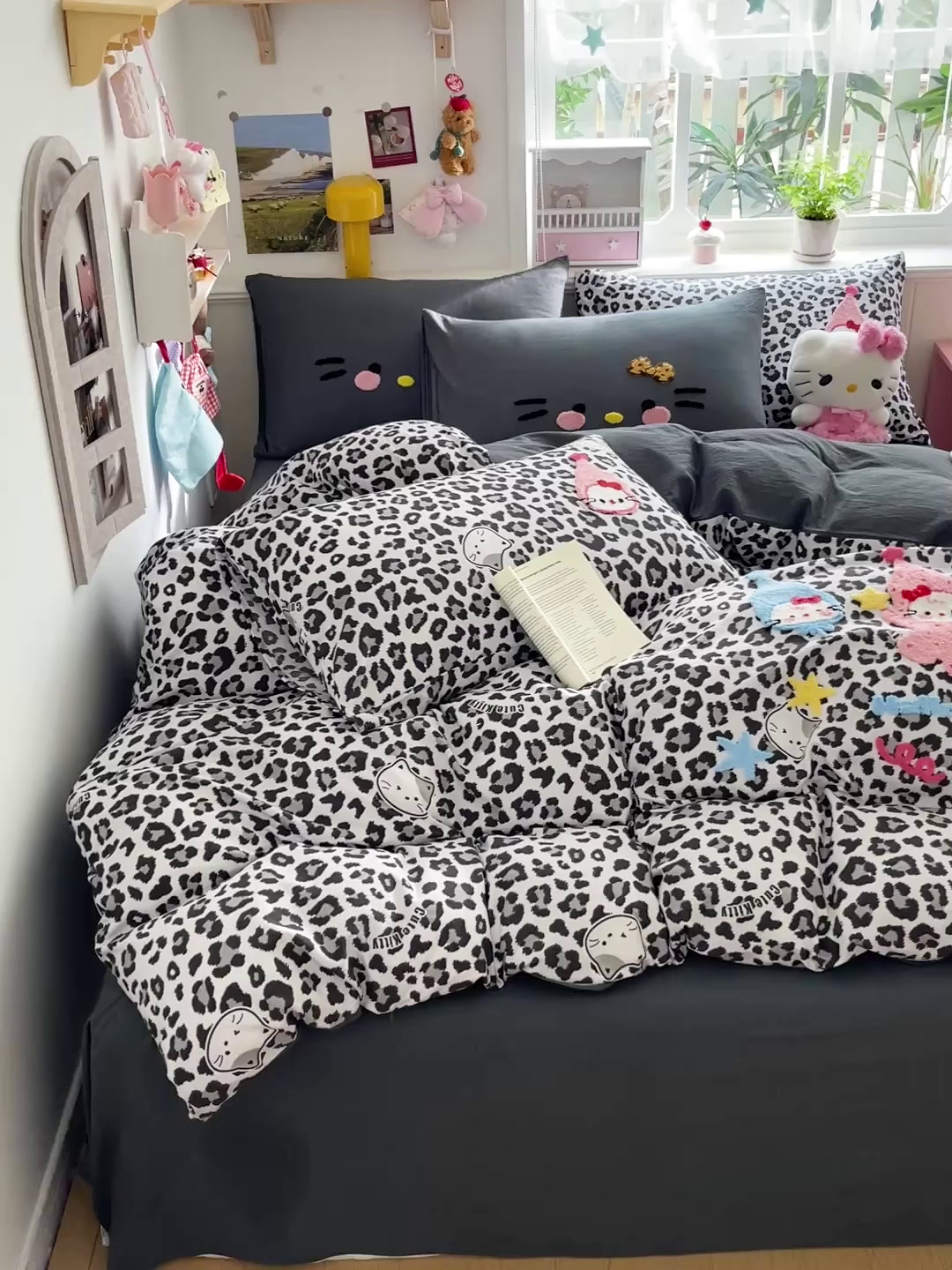 91家纺网 家纺一手货源 找家纺 花伞家居 2026新款皱皱纱毛巾绣豹纹喵四件套含买家秀 星星猫-灰豹纹