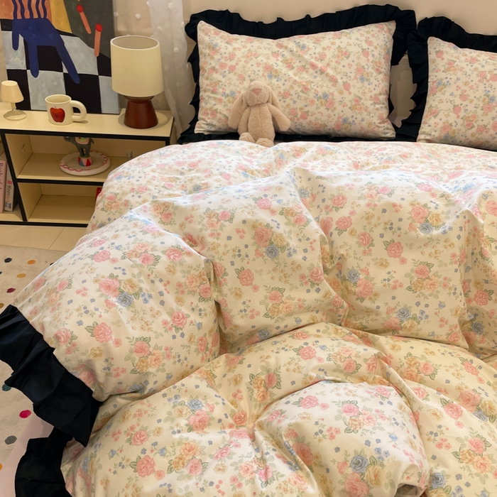 91家纺网 家纺一手货源 找家纺 小丸子家纺（不发货） 2025秋冬新款复古小清新花边款40支全棉纯棉轻法式13372小清新喷气印花四件套被套床单床笠三件套 莫奈花园