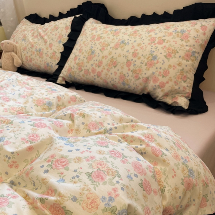 91家纺网 家纺一手货源 找家纺 小丸子家纺（不发货） 2025秋冬新款复古小清新花边款40支全棉纯棉轻法式13372小清新喷气印花四件套被套床单床笠三件套 莫奈花园