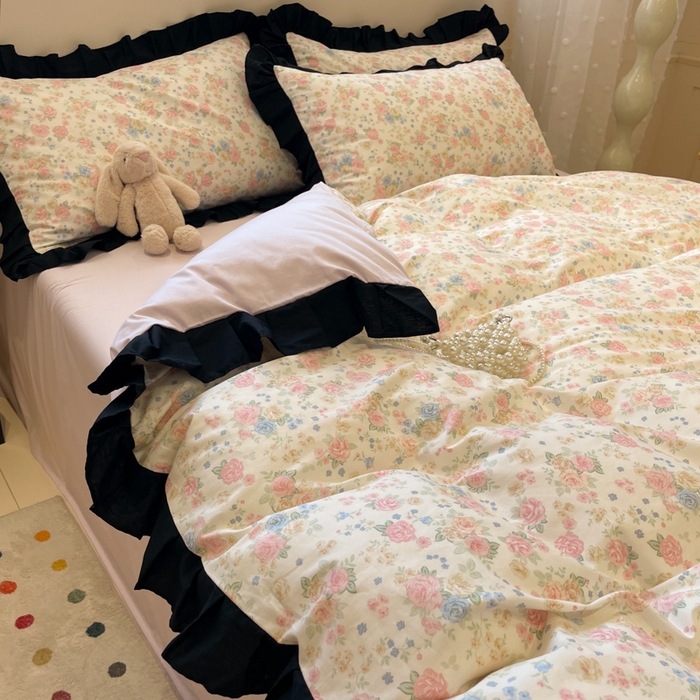 91家纺网 家纺一手货源 找家纺 小丸子家纺（不发货） 2025秋冬新款复古小清新花边款40支全棉纯棉轻法式13372小清新喷气印花四件套被套床单床笠三件套 莫奈花园