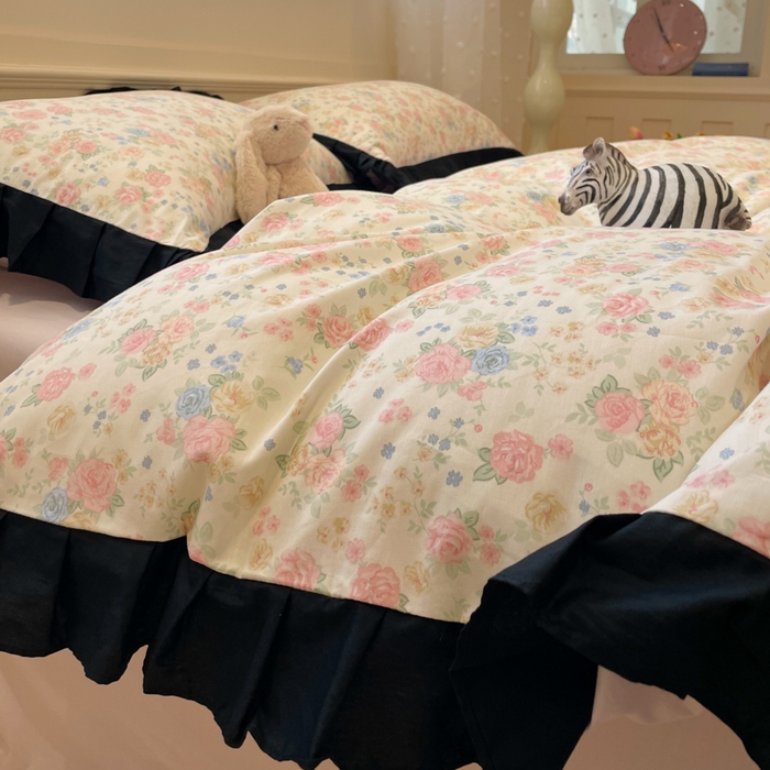 91家纺网 家纺一手货源 找家纺 小丸子家纺（不发货） 2025秋冬新款复古小清新花边款40支全棉纯棉轻法式13372小清新喷气印花四件套被套床单床笠三件套 莫奈花园