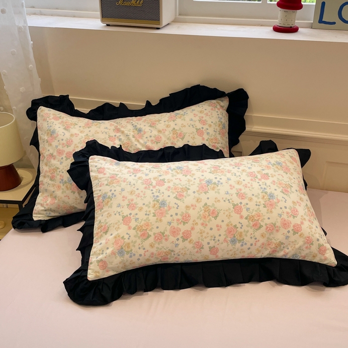 91家纺网 家纺一手货源 找家纺 小丸子家纺（不发货） 2025秋冬新款复古小清新花边款40支全棉纯棉轻法式13372小清新喷气印花四件套被套床单床笠三件套 莫奈花园