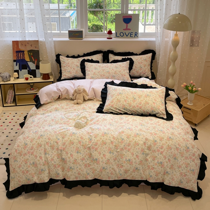 91家纺网 家纺一手货源 找家纺 小丸子家纺（不发货） 2025秋冬新款复古小清新花边款40支全棉纯棉轻法式13372小清新喷气印花四件套被套床单床笠三件套 莫奈花园