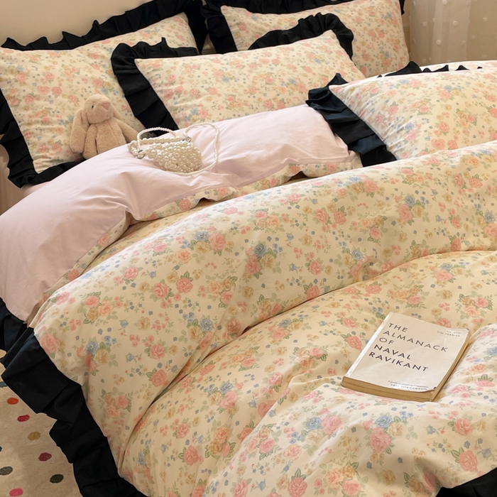 91家纺网 家纺一手货源 找家纺 小丸子家纺（不发货） 2025秋冬新款复古小清新花边款40支全棉纯棉轻法式13372小清新喷气印花四件套被套床单床笠三件套 莫奈花园