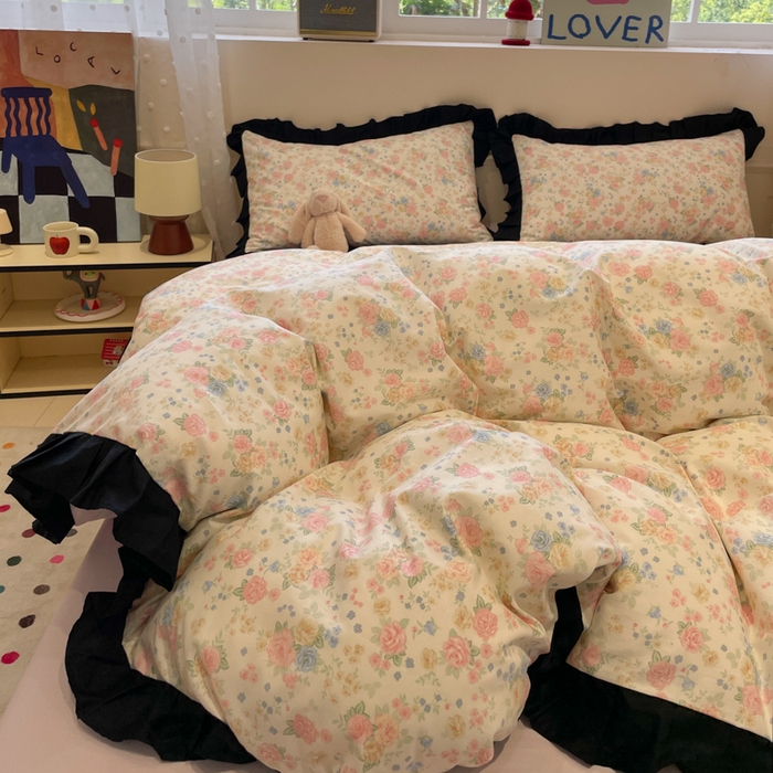 91家纺网 家纺一手货源 找家纺 小丸子家纺（不发货） 2025秋冬新款复古小清新花边款40支全棉纯棉轻法式13372小清新喷气印花四件套被套床单床笠三件套 莫奈花园