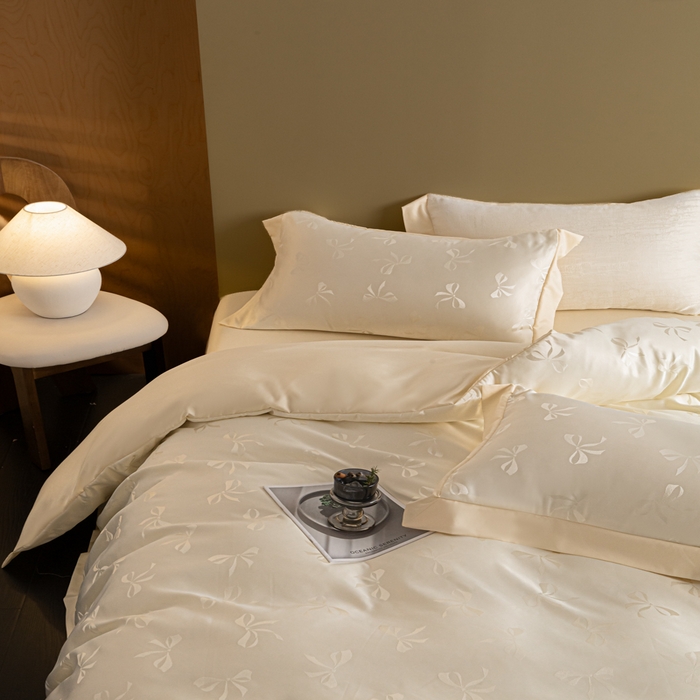 91家纺网 家纺一手货源 找家纺 爱彼家纺 2026新款高端轻奢亲肤冰丝提花四件套新升级款-提花冰丝系列一 雅蝶（奶白）