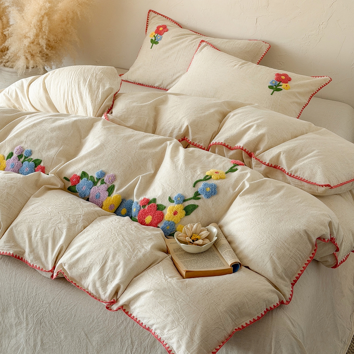 91家纺网 家纺一手货源 找家纺 （总）淑女公社家纺 2026春夏新款贝壳边毛巾绣花棉麻四件套-花甸私语