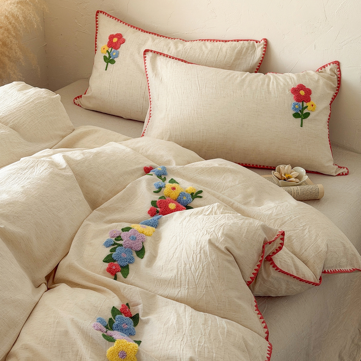 91家纺网 家纺一手货源 找家纺 （总）淑女公社家纺 2026春夏新款贝壳边毛巾绣花棉麻四件套-花甸私语