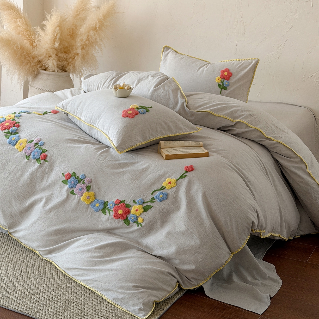 淑女公社家纺 2026春夏新款贝壳边毛巾绣花棉麻四件套-花甸私语 花甸私语 麻灰