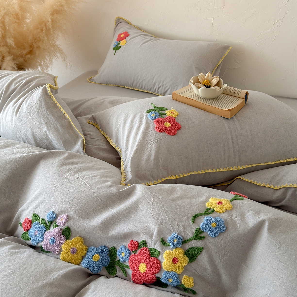 91家纺网 家纺一手货源 找家纺 淑女公社家纺 2026春夏新款贝壳边毛巾绣花棉麻四件套-花甸私语 花甸私语 麻灰