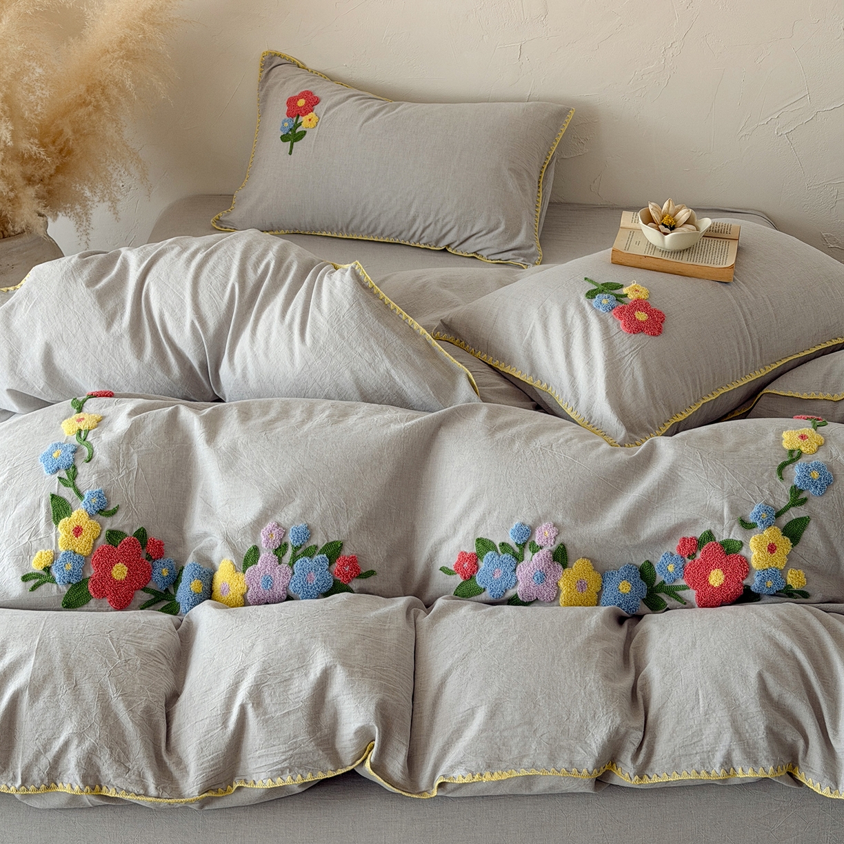 91家纺网 家纺一手货源 找家纺 淑女公社家纺 2026春夏新款贝壳边毛巾绣花棉麻四件套-花甸私语 花甸私语 麻灰