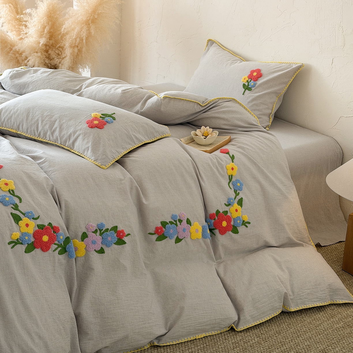 91家纺网 家纺一手货源 找家纺 淑女公社家纺 2026春夏新款贝壳边毛巾绣花棉麻四件套-花甸私语 花甸私语 麻灰