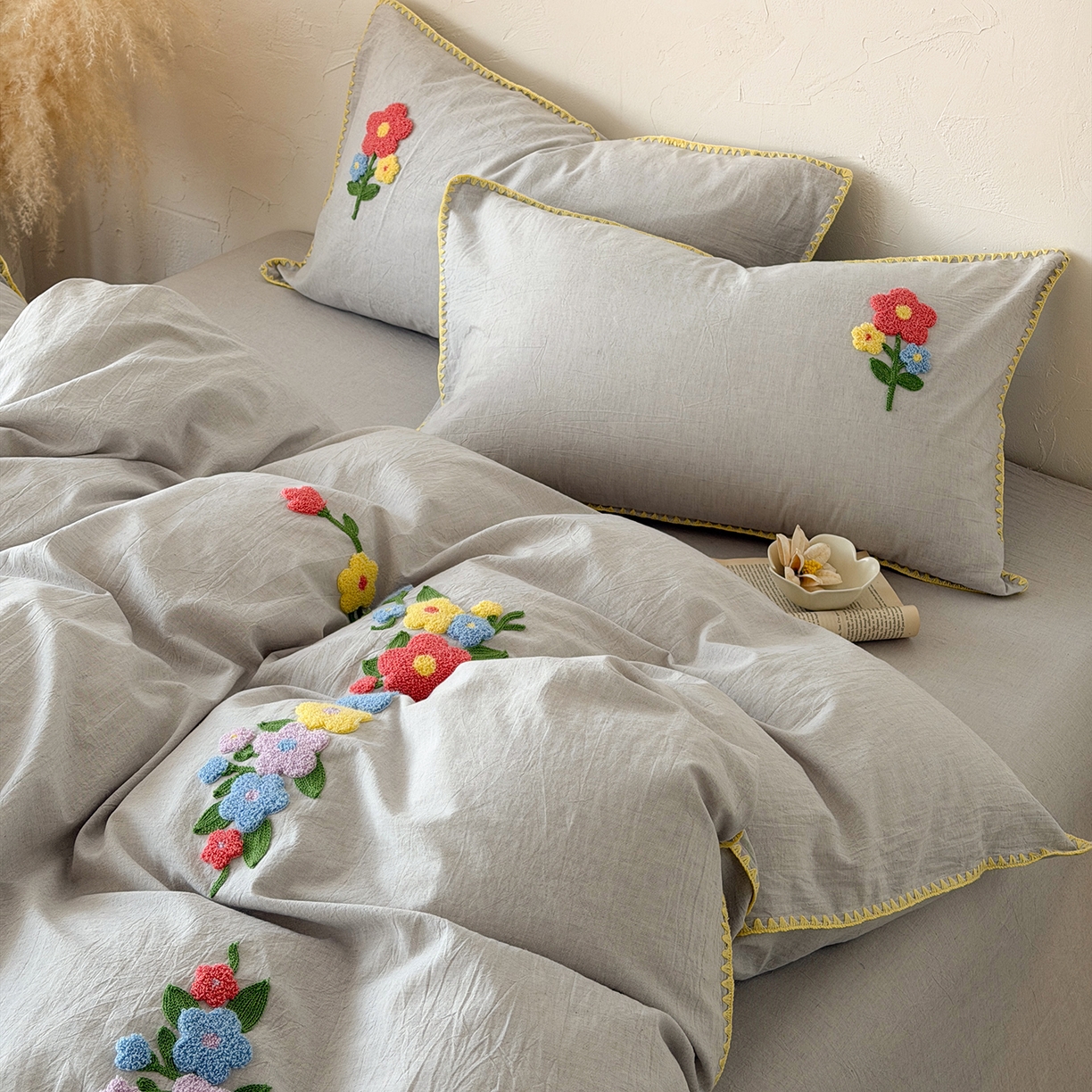 91家纺网 家纺一手货源 找家纺 淑女公社家纺 2026春夏新款贝壳边毛巾绣花棉麻四件套-花甸私语 花甸私语 麻灰