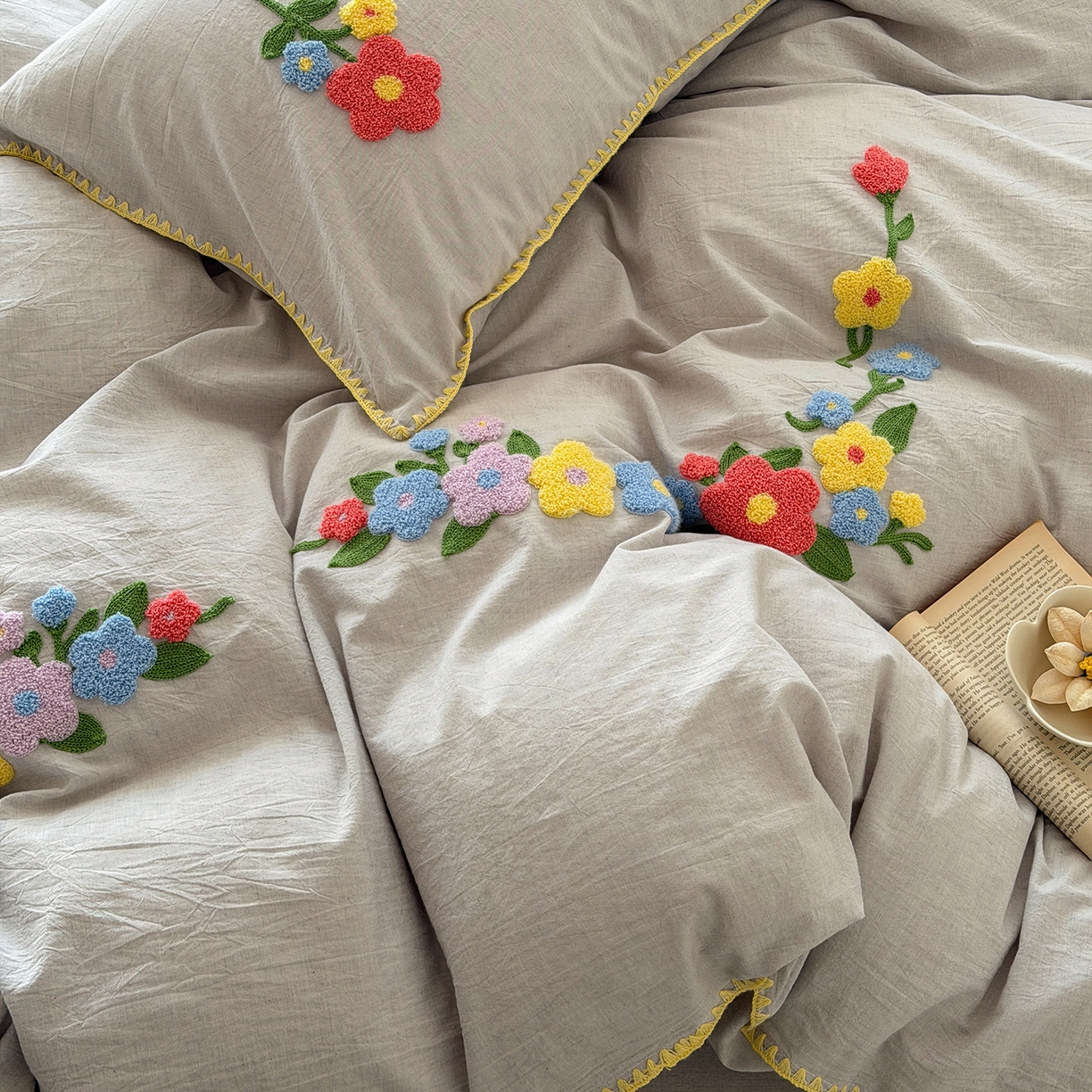 91家纺网 家纺一手货源 找家纺 淑女公社家纺 2026春夏新款贝壳边毛巾绣花棉麻四件套-花甸私语 花甸私语 麻灰