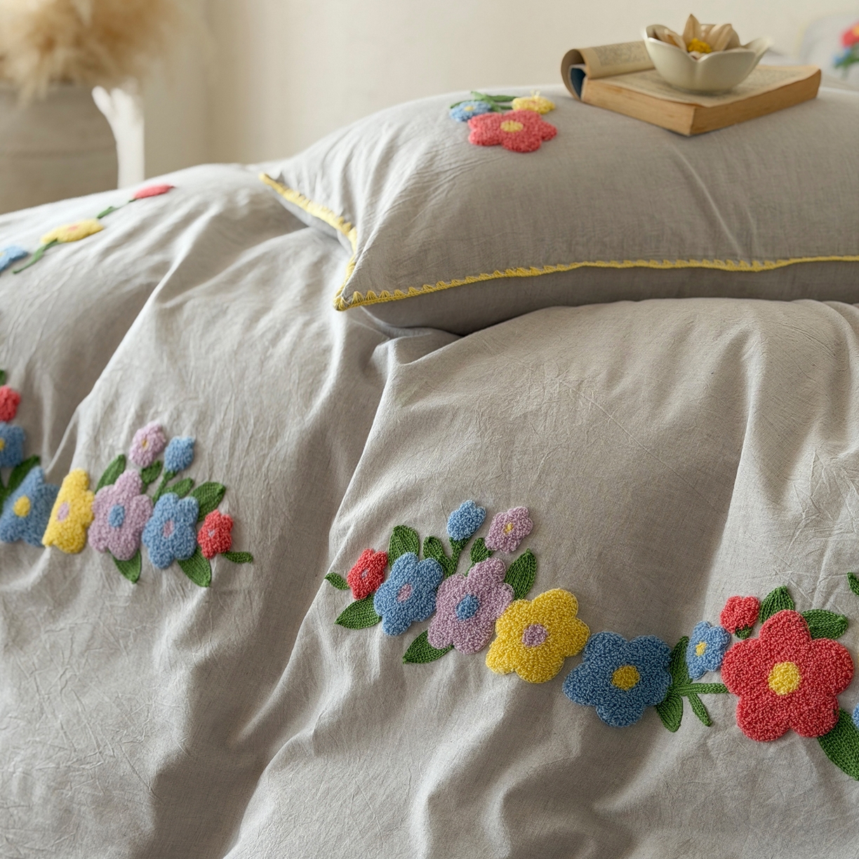 91家纺网 家纺一手货源 找家纺 淑女公社家纺 2026春夏新款贝壳边毛巾绣花棉麻四件套-花甸私语 花甸私语 麻灰