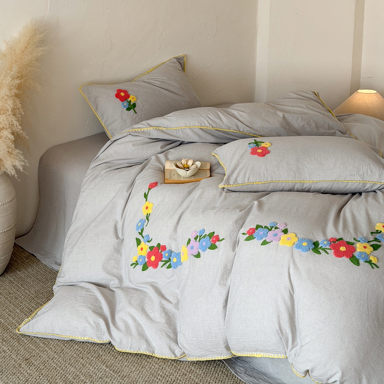 91家纺网 家纺一手货源 找家纺 淑女公社家纺 2026春夏新款贝壳边毛巾绣花棉麻四件套-花甸私语 花甸私语 麻灰