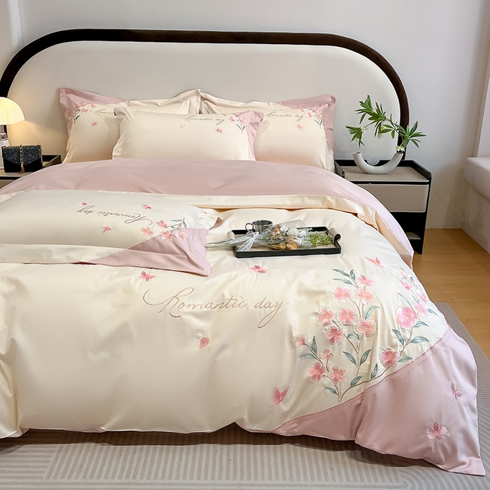 91家纺网 家纺一手货源 找家纺 欣宜家纺 2026年新款纯棉全棉长绒棉刺绣绣花四件套 花语-白粉