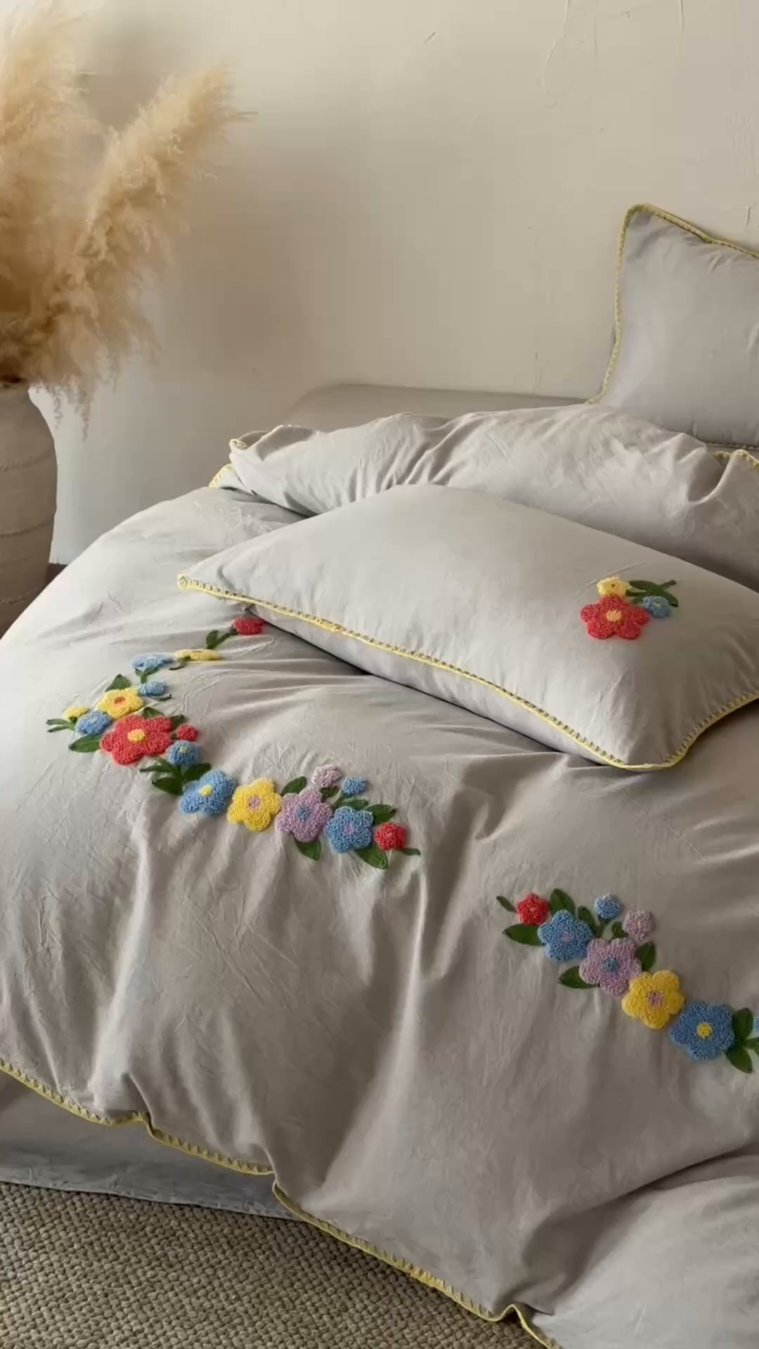 91家纺网 家纺一手货源 找家纺 淑女公社家纺 2026春夏新款贝壳边毛巾绣花棉麻四件套-花甸私语 花甸私语 麻灰