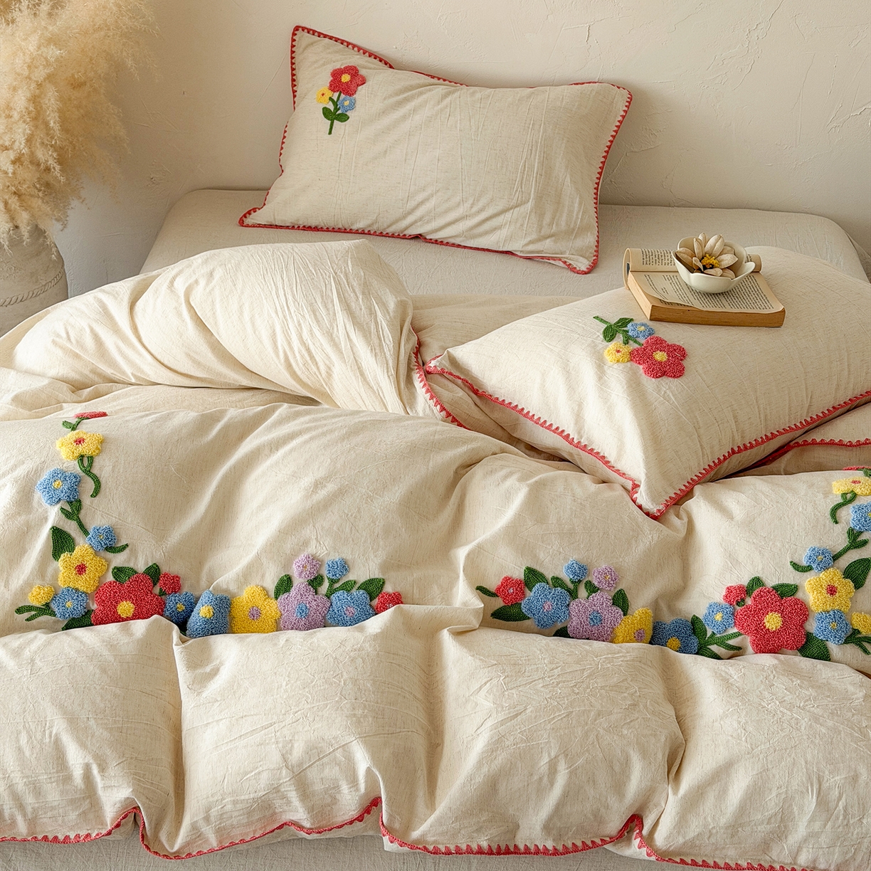 91家纺网 家纺一手货源 找家纺 淑女公社家纺 2026春夏新款贝壳边毛巾绣花棉麻四件套-花甸私语 花甸私语  本白