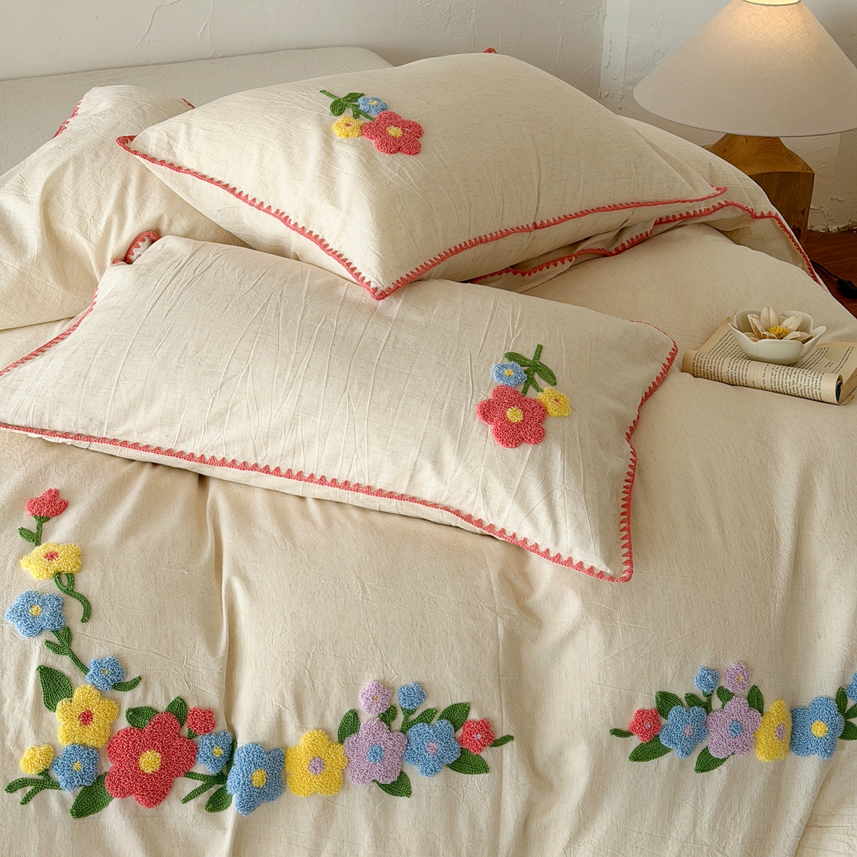 91家纺网 家纺一手货源 找家纺 淑女公社家纺 2026春夏新款贝壳边毛巾绣花棉麻四件套-花甸私语 花甸私语  本白