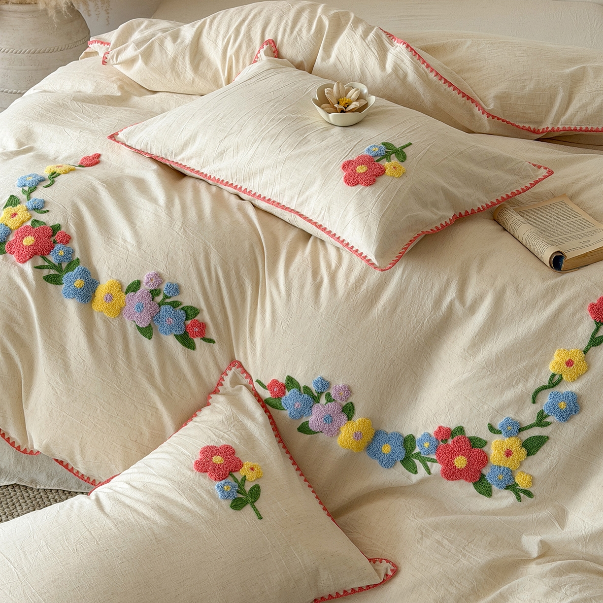 91家纺网 家纺一手货源 找家纺 淑女公社家纺 2026春夏新款贝壳边毛巾绣花棉麻四件套-花甸私语 花甸私语  本白