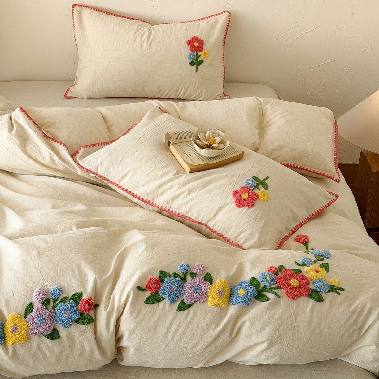 91家纺网 家纺一手货源 找家纺 淑女公社家纺 2026春夏新款贝壳边毛巾绣花棉麻四件套-花甸私语 花甸私语  本白