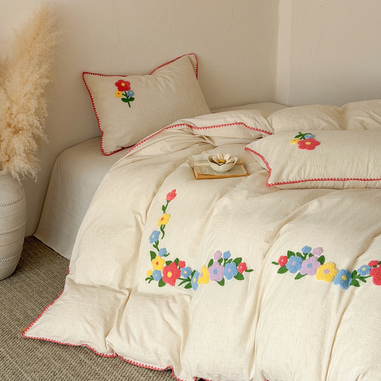 91家纺网 家纺一手货源 找家纺 淑女公社家纺 2026春夏新款贝壳边毛巾绣花棉麻四件套-花甸私语 花甸私语  本白