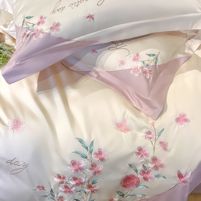 91家纺网 家纺一手货源 找家纺 欣宜家纺 2026年新款纯棉全棉长绒棉刺绣绣花四件套 花语-白粉