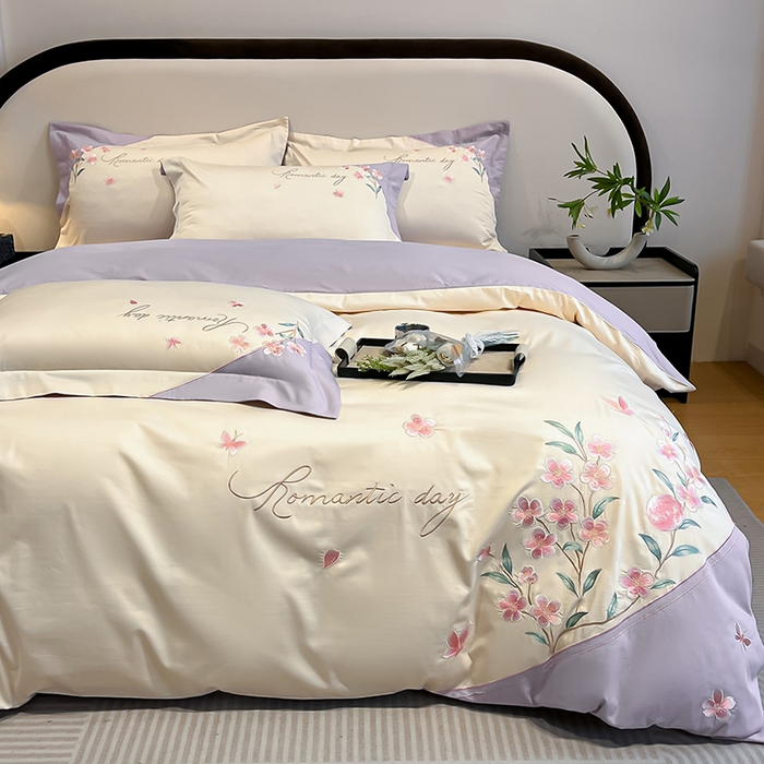 91家纺网 家纺一手货源 找家纺 欣宜家纺 2026年新款纯棉全棉长绒棉刺绣绣花四件套 花语-白紫