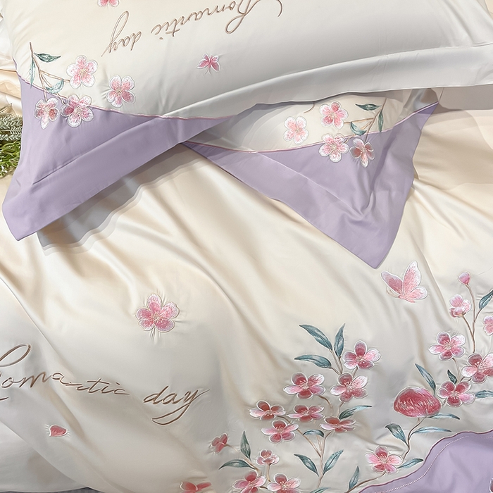 91家纺网 家纺一手货源 找家纺 欣宜家纺 2026年新款纯棉全棉长绒棉刺绣绣花四件套 花语-白紫